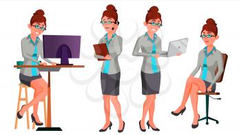 Office Worker Vector. Woman. Secretary, Accountant. Happy Clerk, Servant, Employee. Office Generator. Situations Business Woman Person Lady Face Emotions Various Gestures Illustration