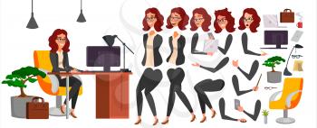 Business Woman Character Vector. Working Female Girl Boss. Office. Girl Developer. Animation Set. Attractive Lady Programmer, Designer. Emotions. Illustration