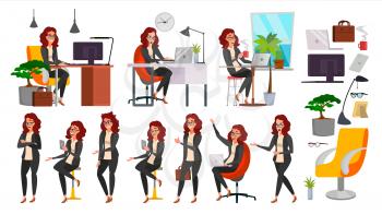 Business Woman Character Set Vector. Working People Poses Set. Girl Boss In Action. Creative Studio. Teamwork. Modern Business Office. Female In Situation. Programmer, Designer. Character Illustration
