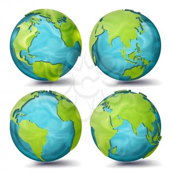 World Map Vector. 3d Planet Set. Earth With Continents. Eurasia, Australia, Oceania, North America, South America, Africa, Europe Sphere Flip Different Angles Illustration