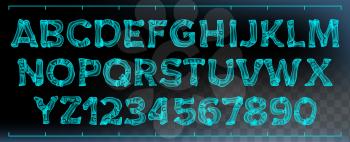 X-ray Font Vector. Transparent Roentgen Alphabet. Radiology 3D Scan. Abc. Blue Bone. Medical Typography. Capitals Letters And Numbers. Isolated Illustration