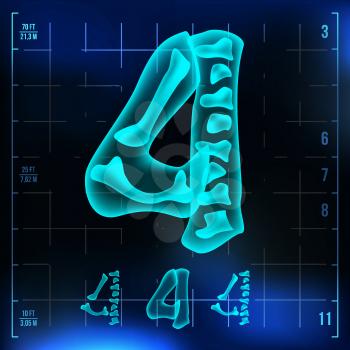 4 Number Vector. Four Roentgen X-ray Font Light Sign. Medical Radiology Neon Scan Effect. Alphabet. 3D Blue Light Digit With Bone. Medical, Pirate, Futuristic Style. Illustration