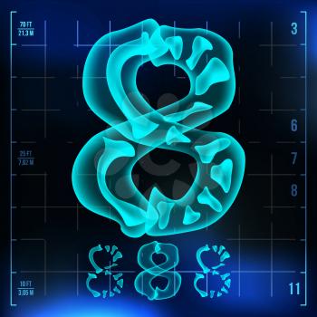 8 Number Vector. Eight Roentgen X-ray Font Light Sign. Medical Radiology Neon Scan Effect. Alphabet. 3D Blue Light Digit With Bone. Medical, Pirate, Futuristic Style. Illustration