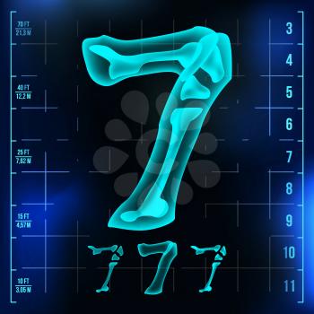 7 Number Vector. Seven Roentgen X-ray Font Light Sign. Medical Radiology Neon Scan Effect. Alphabet. 3D Blue Light Digit With Bone. Medical, Pirate, Futuristic Style. Illustration
