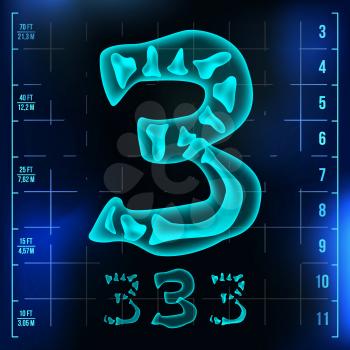 3 Number Vector. Three Roentgen X-ray Font Light Sign. Medical Radiology Neon Scan Effect. Alphabet. 3D Blue Light Digit With Bone. Medical, Pirate, Futuristic Style. Illustration