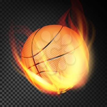 Basketball Ball In Fire Vector Realistic. Burning Basketball Ball. Transparent Background