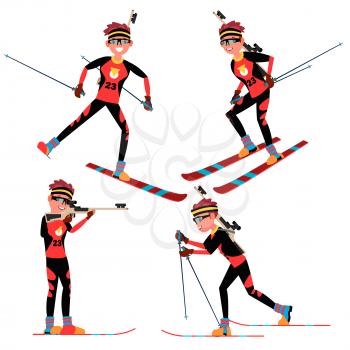 Biathlon Male Player Vector. Playing In Different Poses. Man Athlete. Rifle Gun. Participant In Competition. Shooting. Isolated On White Cartoon Character Illustration