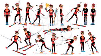 Biathlon Male Player Vector. In Action. Sportsman In Ski Biathlon Competition. Sporting Equipment. Cartoon Character Illustration