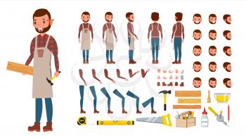 Carpenter Vector. Animated Professional Character Creation Set. Workshop, Wood Work Tool. Full Length, Front, Side, Back View. Cartoon Illustration