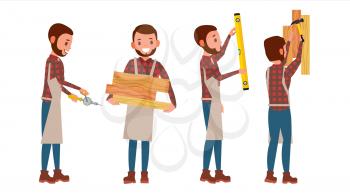 Carpenter Vector. Worker. Different Poses. Full Length Flat Cartoon Illustration