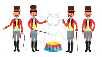 Circus Trainer Vector. Amusement Park. Mustache, Red Cloak, Cylinder, Whip. Isolated Flat Cartoon Character Illustration
