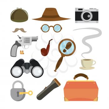 Detective Items Set Vector. Tec Agent Accessories. Hat, Glasses, Mustache, Tobacco, Camera, Magnifying Glass, Lock Key Flashlight Binoculars Bag Gun Bullets Isolated