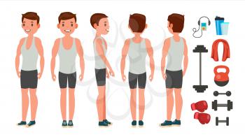 Fitness Man Vector. Different Poses. Work Out. Active Fitness. Flat Cartoon Illustration
