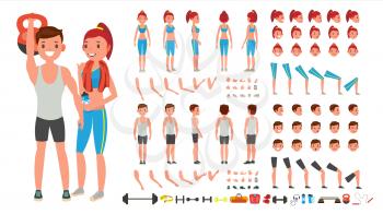 Fitness Girl, Man Vector. Animated Sport Male, Female Character Creation Set. Full Length, Front, Side, Back View, Accessories, Poses, Face Emotions Gestures Isolated Cartoon Illustration