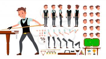 Snooker Player Male Vector. Animated Character Creation Set. Billiard. Man Full Length, Front, Side, Back View, Accessories, Poses, Face Emotions Gestures Isolated Illustration