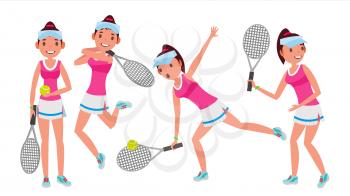 Female Tennis Player Vector. Woman Big Tennis Sport Athlete. Different Poses. Cartoon Character Illustration