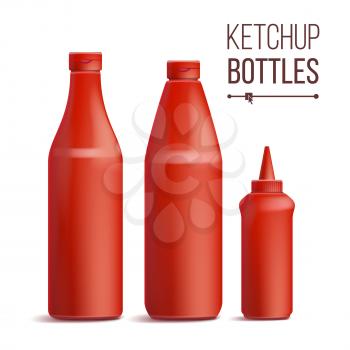 Tomato Ketchup Bottle Set Vector. 3D Realistic Blank. Plastic Red Tomato, Sauce Bottles. Mock Up Good For Branding Design. Isolated On White Background