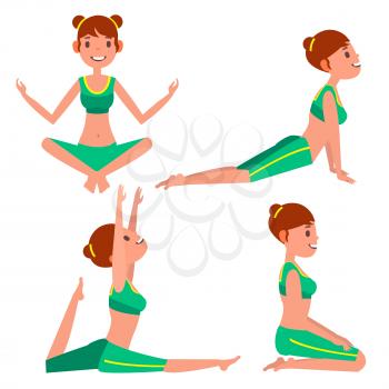 Yoga Woman Poses Set Vector. Girl. Yoga Poses. Doing Yoga Workout. Flat Cartoon Illustration