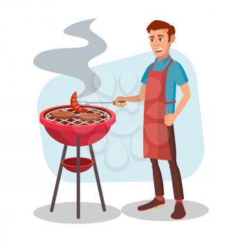 BBQ Party Vector. Barbecue Tools, Grill, Forks With Happy Man. Flat Cartoon Illustration