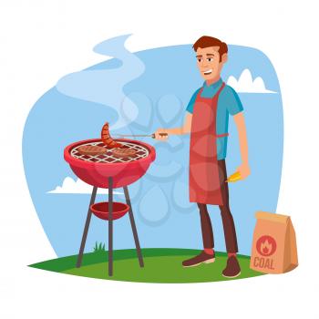 BBQ Grill Meat Cooking Vector. Man Cooking Meat. Outdoor Rest. Cartoon Character Illustration