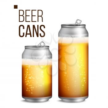 Beer Cans Isolated Vector. Light Bright, Bubble And Liquid. Macro Of Freshening Beer. Illustration