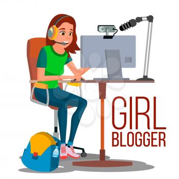 Girl Blogger Vector. Popular Video Vlog, Let s Play, Review Channel. Online Streaming Video. Girl Blogs Creator. Illustration