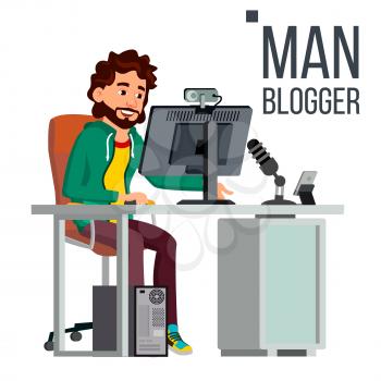 Man Video Blogger Vector. Gaming Stream Banner. Concept blogging. Video Streaming. Strategy Video Game. Flat Vector Illustration