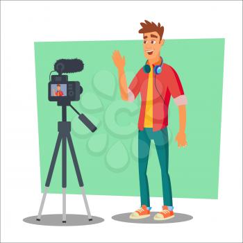 Video Blogger Vector. Lifestyle Video Clip Shooting Process. Shooting Video Process. Isolated Flat Cartoon Character Illustration