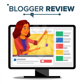 Blogger Review Concept Vector. Fashion Video Blog Channel. Girl Popular Video Streamer Blogger. Online Live Broadcast. In Web Interface. Cartoon Illustration