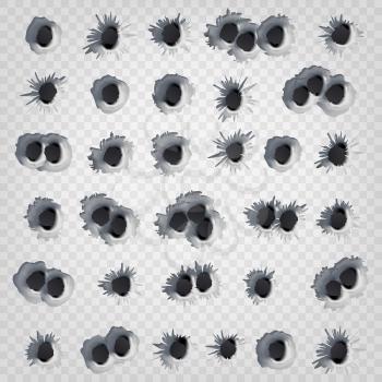 Bullet Holes In Metal Wall Vector. Realistic Caliber Weapon Holes Isolated On Transparent Background. Gunshot Cracked Bullets Holes. Effect Damage Illustration