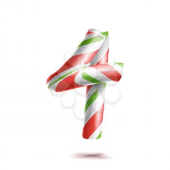 4, Number Four Vector. 3D Number Sign. Figure 4 In Christmas Colours. Red, White, Green Striped. Classic Xmas Mint Hard Candy Cane. New Year Design. Isolated