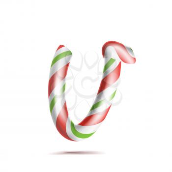 Letter V Vector. 3D Realistic Candy Cane Alphabet Symbol In Christmas Colours. New Year Letter Textured With Red, White. Typography Template. Striped Craft Isolated Object. Xmas Art