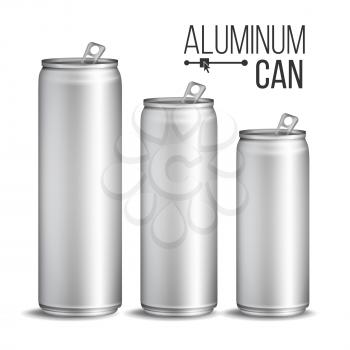 Blank Metallic Can Vector. Silver Can. 3D packaging. Mock Up Metallic Cans For Beer Or Soft Drink. 500 And 300 ml. Isolated On White Illustration