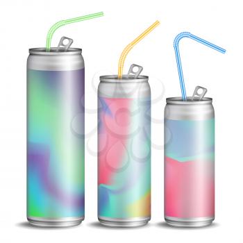 Realistic Metallic Cans Vector. Soft Drink. 3D Blank Aluminium Cans. Colorful Drinking Straws. Different Types. Good For Branding Design. 500, 300 ml. Isolated Illustration