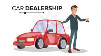 Car Dealer Man Vector. Automobile Sales Agent. Selling Or Rent A Car. New Machine. Flat Business Cartoon Illustration