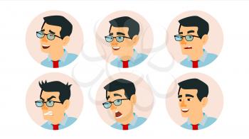 Asian Character Business People Avatar Vector. Asiatic Man Face, Emotions Set. Creative Avatar Placeholder. Cartoon Illustration