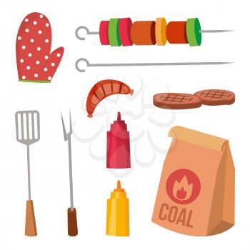 BBQ Accessories Set Vector. Sauce, Mustard, Fork, Coal, Glove Steak Kebab Sausages Isolated Cartoon