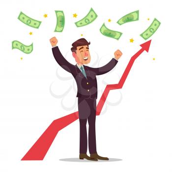 Successful Businessman Vector. Money Bills Fall To The Joyful Businessman. Success Startup. Dollar Rain. Isolated Character Flat Cartoon Illustration