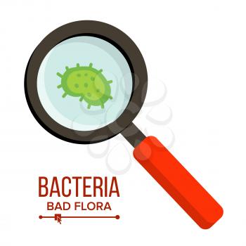 Magnifer And Germs Vector. Bacteria Sign Through Magnifying Glass. Microbes. Hygiene, Public Health, Disease Risk Concept. Isolated Illustration
