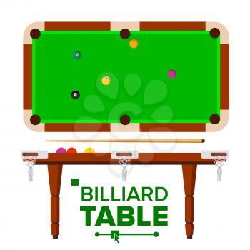Billiard Table Vector. Top, Side View. Green Classic Pool, snooker Table. Flat Illustration