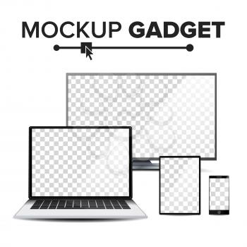 Computer Monitor, Laptop, Tablet, Mobile Phone Mockup Vector. Electronic Gadget, Set of Device Mockup. Isolated Illustration