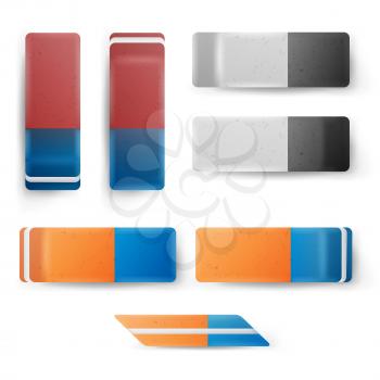 Realistic Eraser Set Vector. Classic Blue Orange, Grey White Rubber Icon