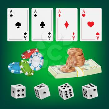 Casino Design Elements Vector. Poker Chips, Playing Cards, Craps. Isolated Illustration
