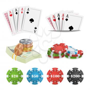 Poker Design Elements Vector. Chips, Money Stacks, Playing Gambling Cards. Royal Fortune Club Concept. Illustration