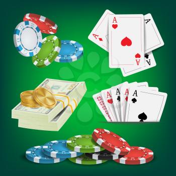 Casino Design Elements Vector. Poker Cards, Chips, Playing Gambling Cards. Lucky Night VIP Winner Isolated Illustration