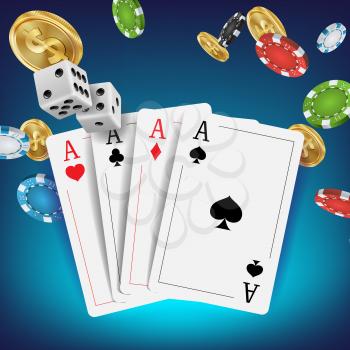 Casino Poker Design Vector. Poker Cards, Chips, Playing Gambling Cards. Royal Casino Retro Poker Club. Illustration