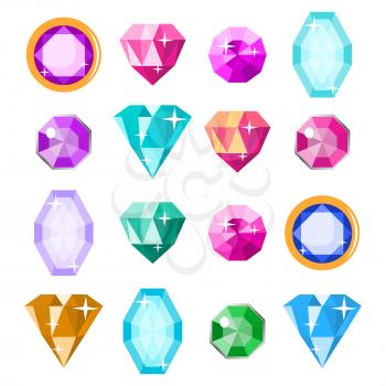 Colored Set Gems Vector. Bright Realistic Gemstones Icons. Different Cuts And Colors. Isolated Illustration