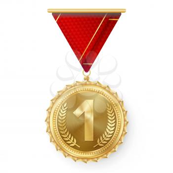 Gold Medal Vector. Round Championship Label. Competition Challenge Award. Red Ribbon. Isolated On White. Realistic illustration.
