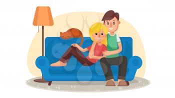Home Cinema Vector. Home Room With TV Screen. Using Television Together. Online Home Movie. Cartoon Character