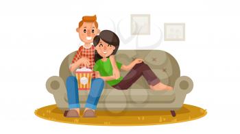 Young People Watching TV Vector. Drink Coffee, Relax At Home On Couch. Remote Control For TV Movie. Isolated On White Cartoon Character Illustration